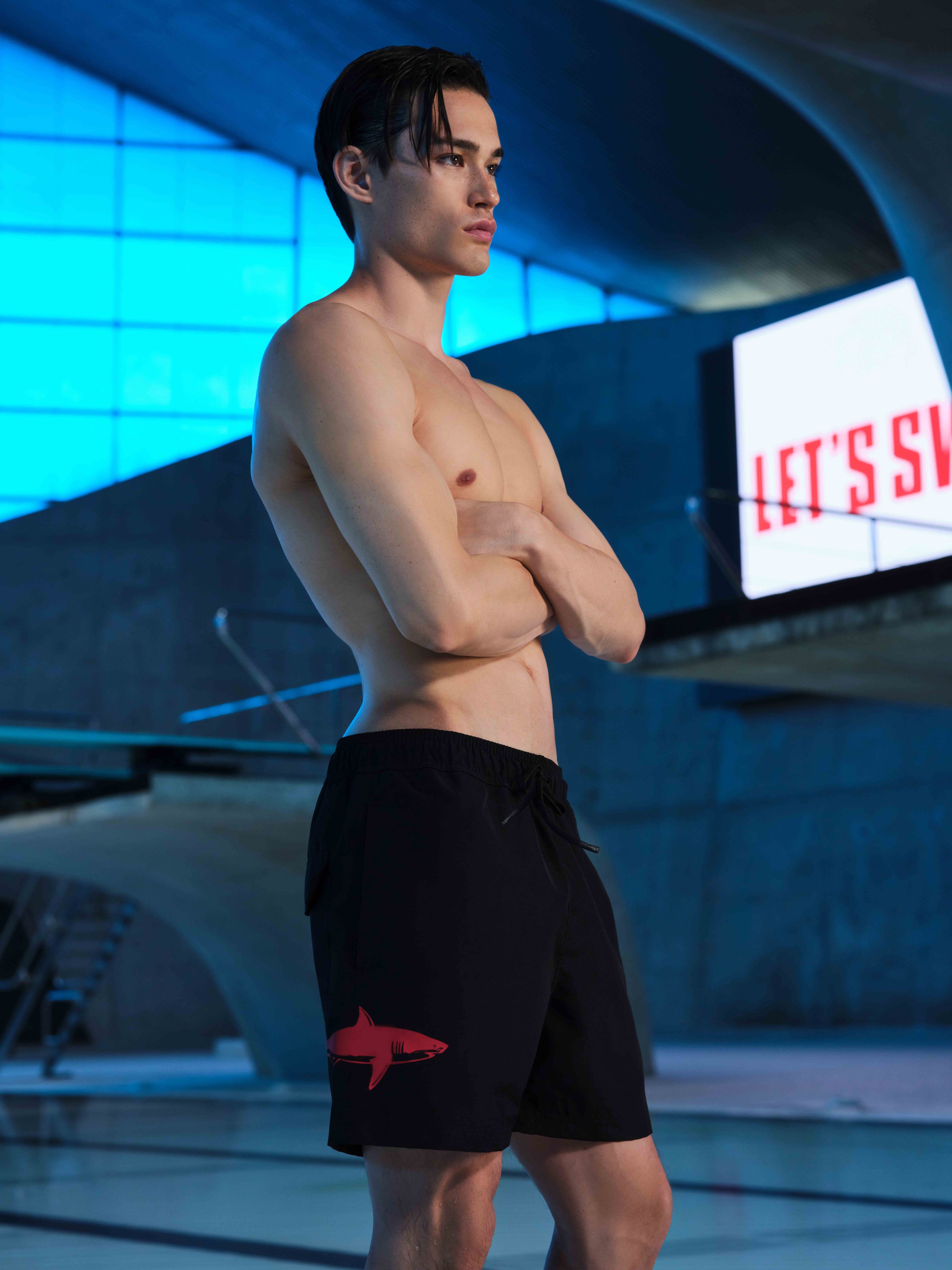 Black With Red Shark Print Swim Shorts - Main Image