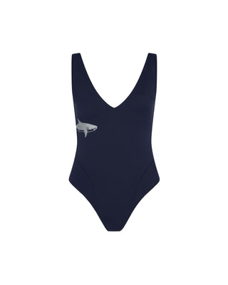 Navy Shark Print Plunge Swimsuit