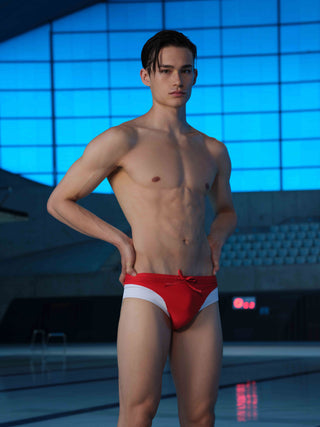 Red LET'S SWIM Logo Trunks