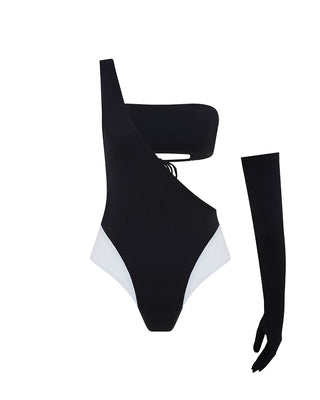 Black and White One Shoulder Bandeau Swimsuit