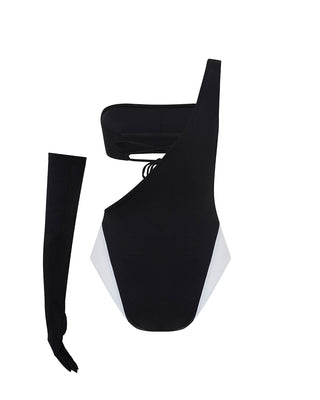 Black and White One Shoulder Bandeau Swimsuit